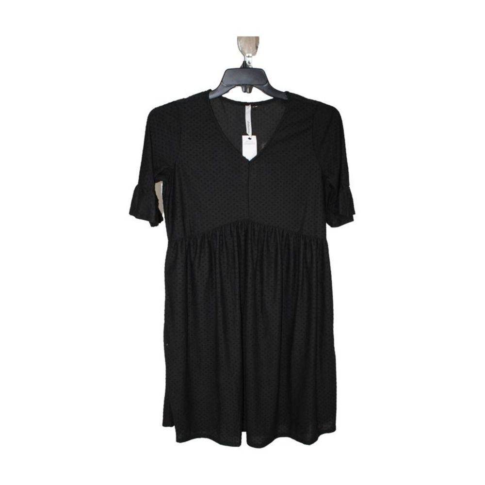 Petite Elbow Sleeve Swiss Dot Empire Dress, black, Size PL